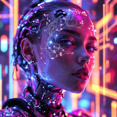 The primary subject of the image is a woman with a futuristic, cyberpunk appearance. She is wearing a silver outfit and has a blue eye. The setting is a futuristic environment, possibly a digital art or illustration. The visual style is a combination of photo and digital art, creating a unique and intriguing image. The colors and mood of the image are predominantly blue and purple, giving it a futuristic and mysterious atmosphere.